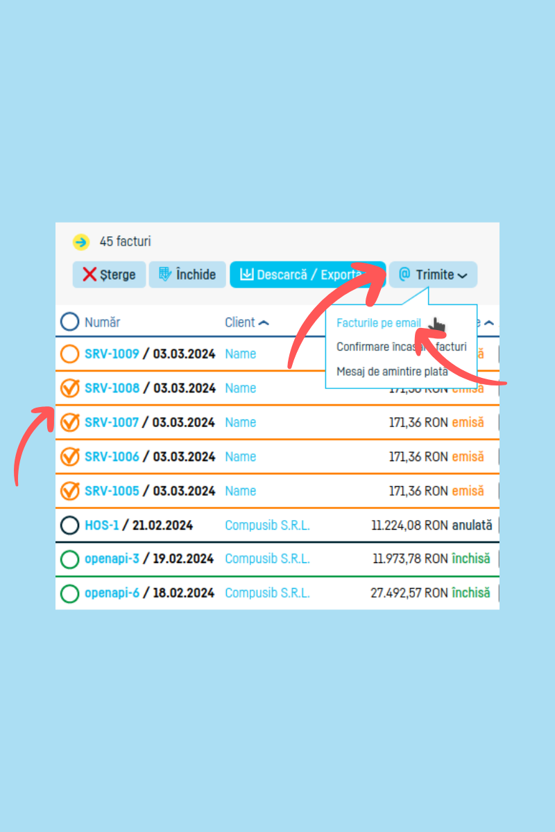 Cum trimit mai multe facturi pe e-mail din aplicatie - pasul 3