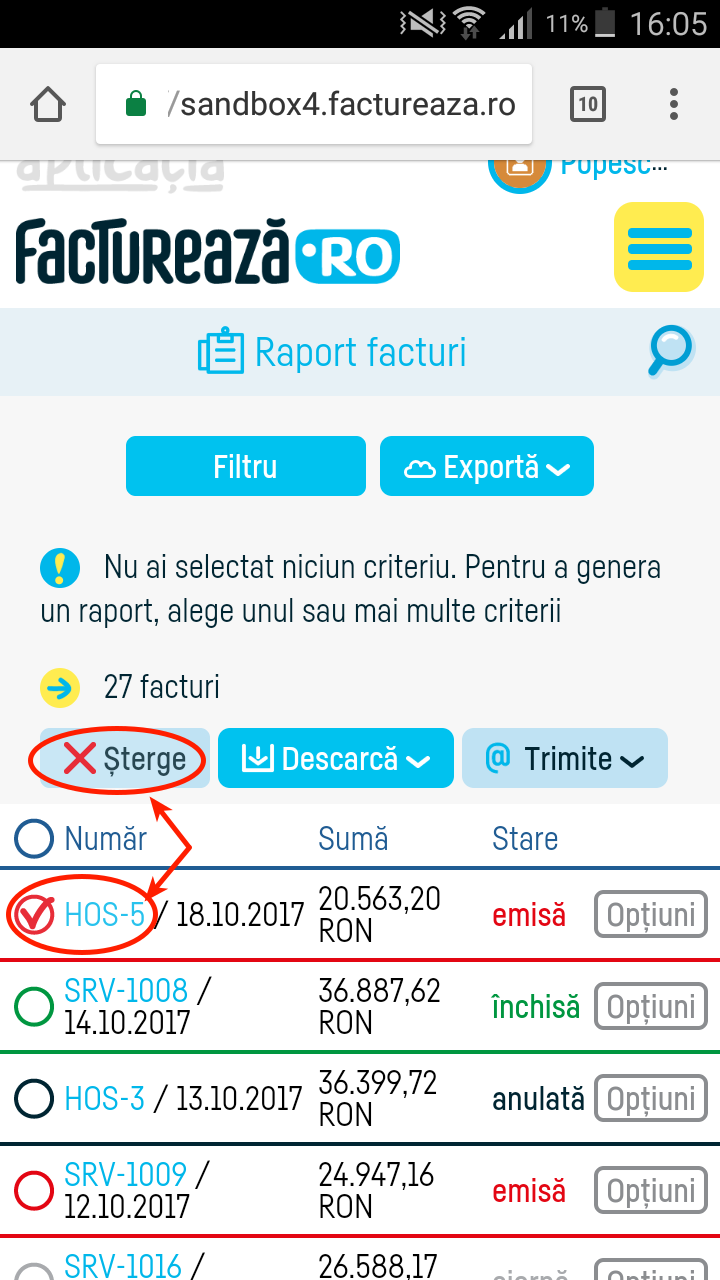 Cum șterg o factură? - pasul 2