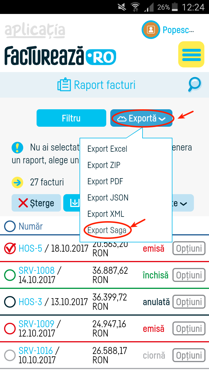 Cum export o factură în SAGA? - pasul 3