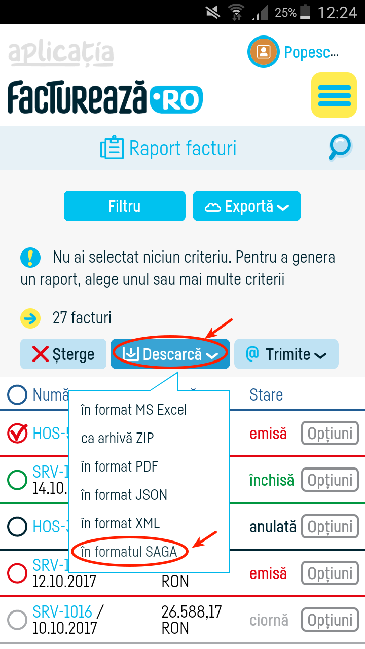 Cum export mai multe facturi în SAGA? - pasul 4