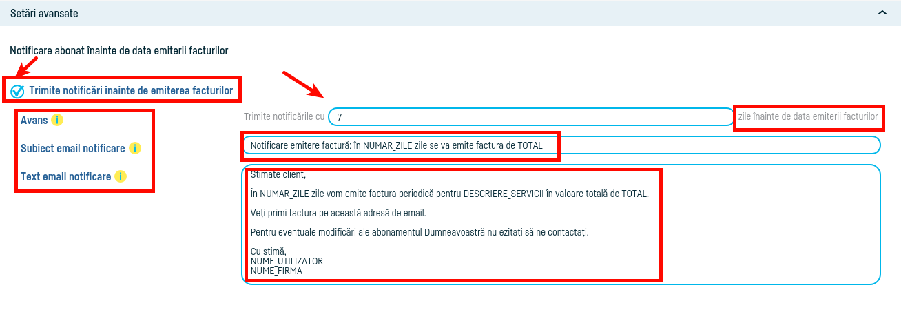 Notificare abonat înainte de data emiterii facturilor - pasul 2