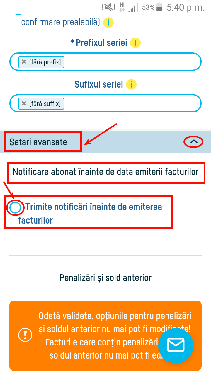 Notificare abonat înainte de data emiterii facturilor - pasul 1