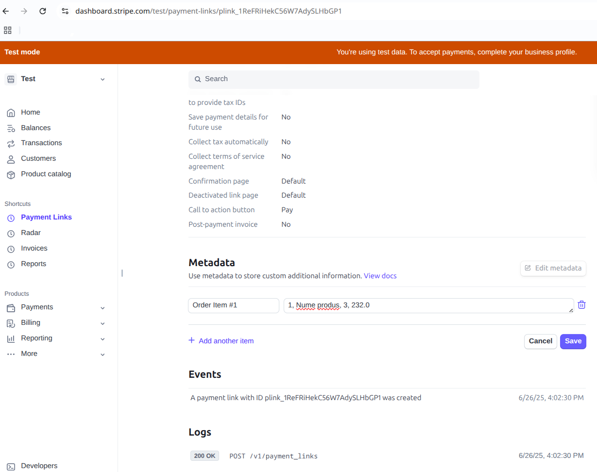 Generează facturi din încasările online prin Stripe - pasul 6