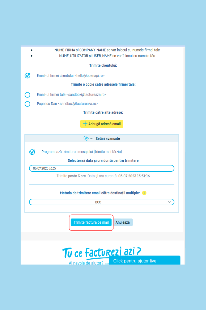 Cum programez trimiterea unei facturi pe email - pasul 7