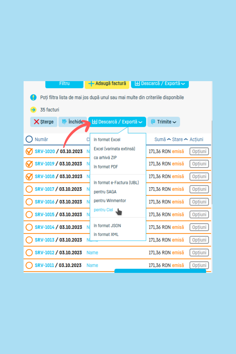 Cum export mai multe facturi în Ciel? - pasul 4