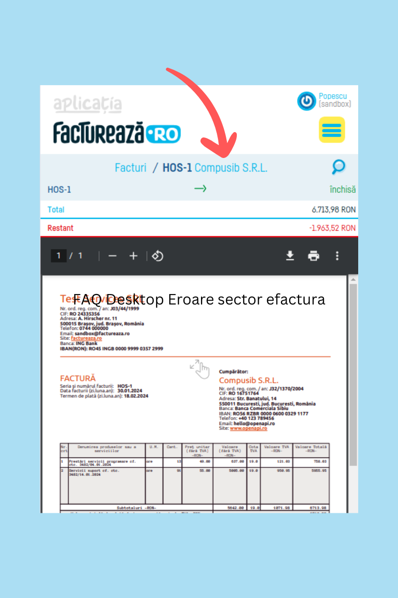 Eroare adresă sector la transmitere e-Factura în SPV - pasul 1