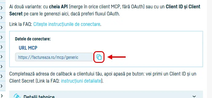 Pagina Integrări → MCP generic din factureaza.ro, cu URL-ul MCP și butonul de copiere