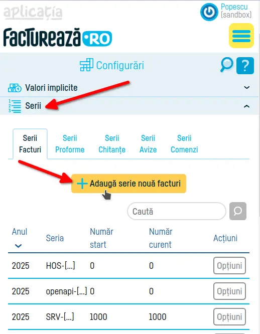 Cum setezi o serie de facturi să transmită e-Factura - pasul 2